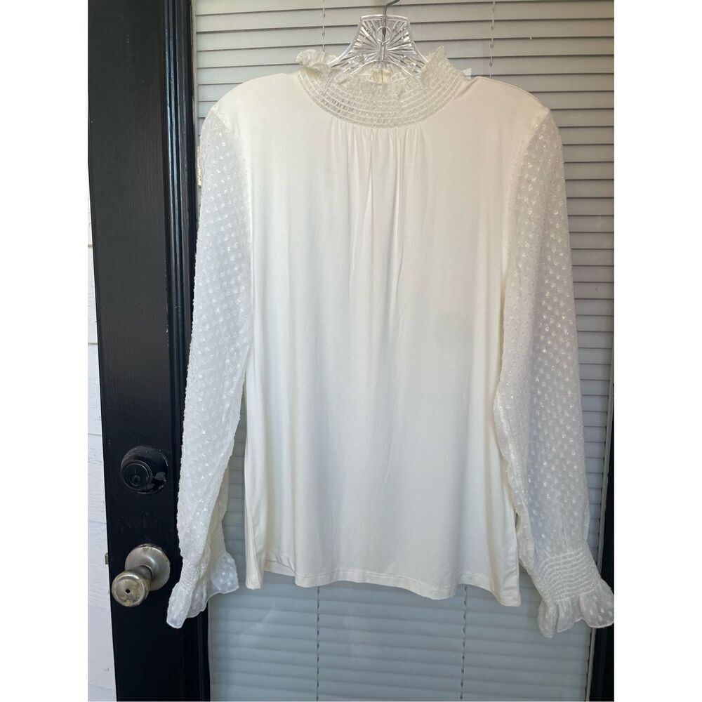NWT Talbots Long Sleeve Metallic Sleeves Mock Neck Blouse Cream M